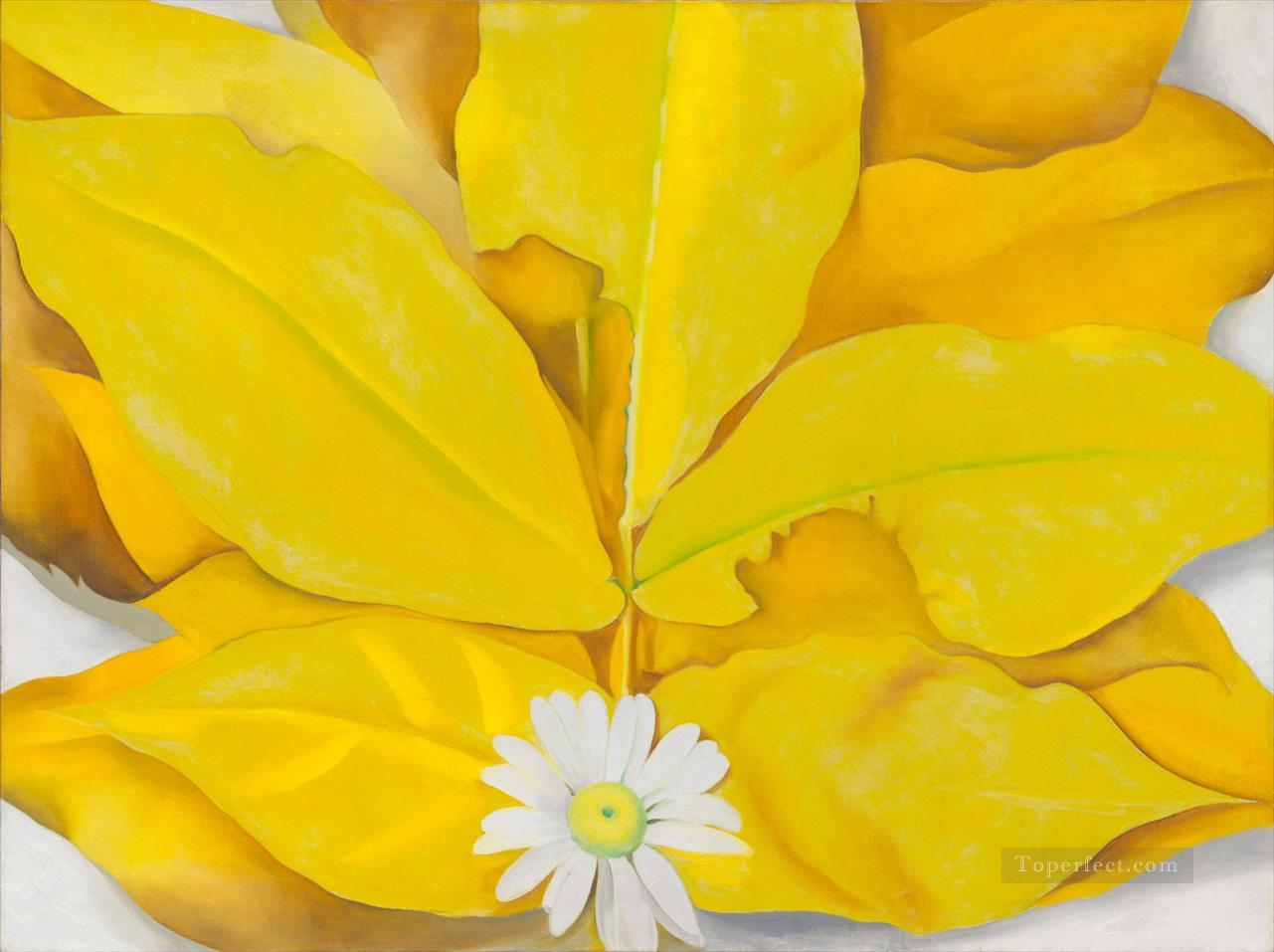 黄色のヒッコリーの葉とデイジー ジョージア オキーフの花飾り油絵